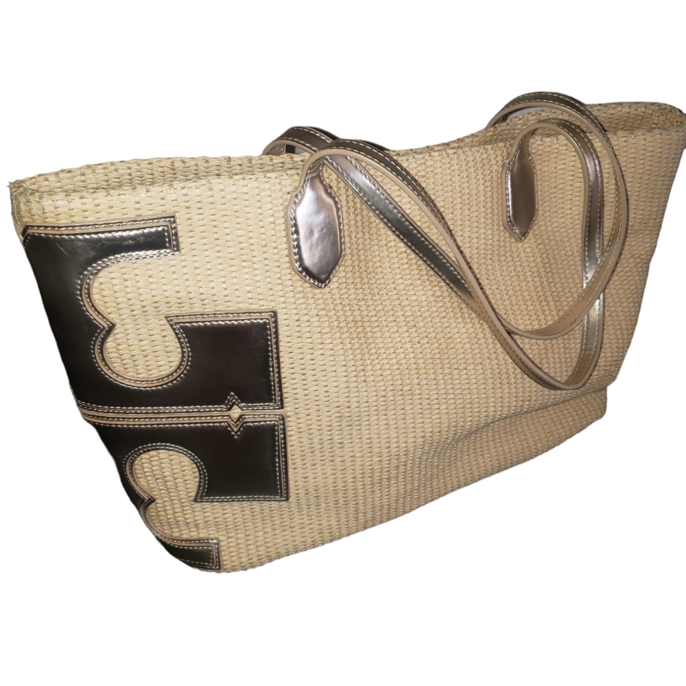 Tory Burch T Straw Tote Bag with Gold Metallic Logo